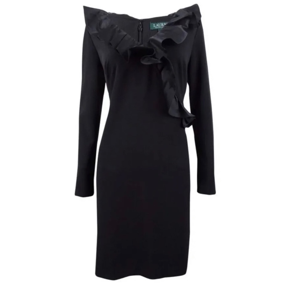 Lauren Ralph Lauren Sz 4 Black Ruffled Neck Faux Wrap Crepe Knit Sheath Dress